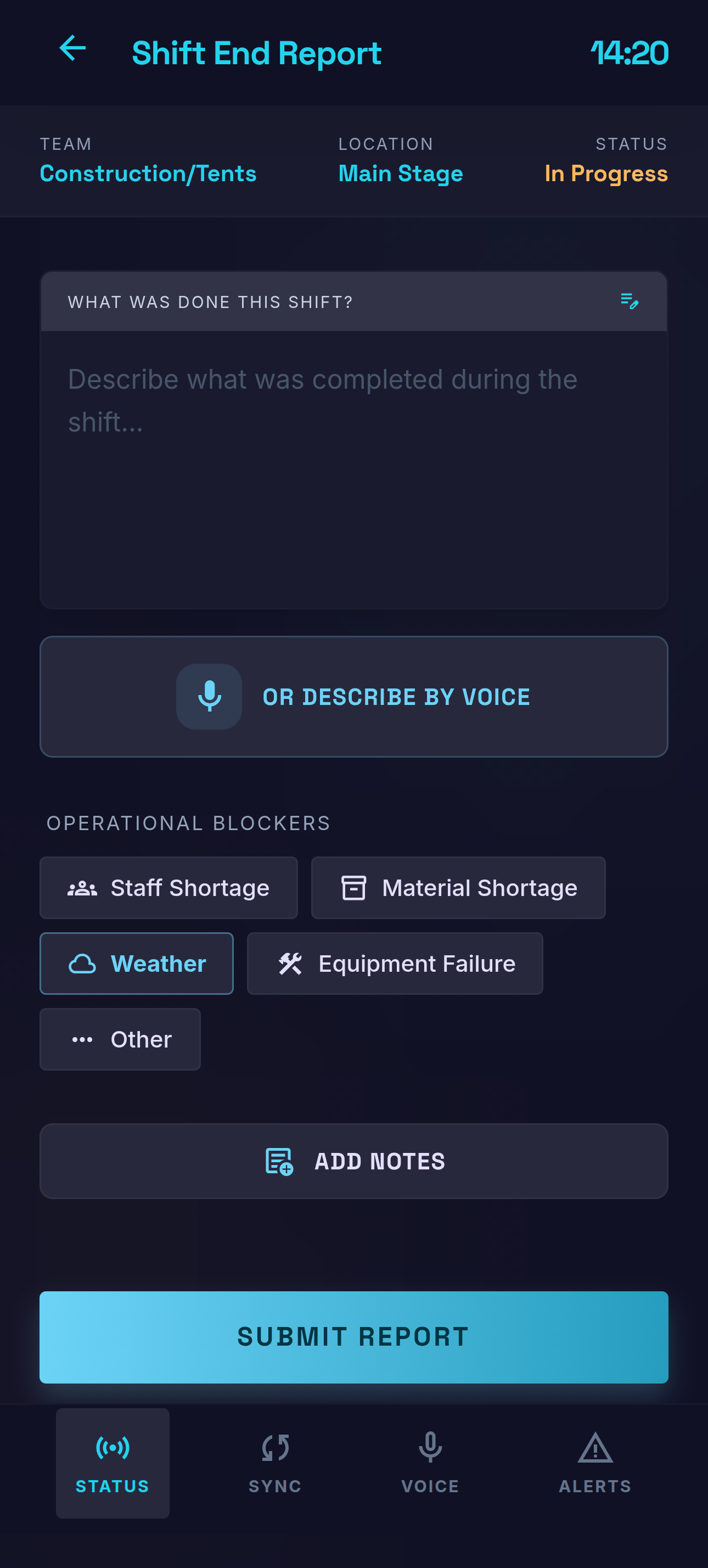 Shift end report — completed vs planned, blockers