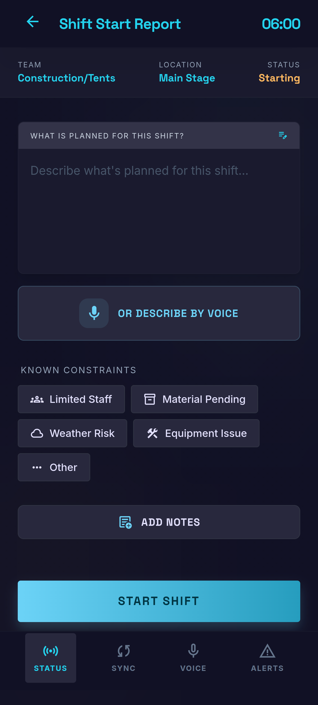 Shift start report — attendance, tasks, safety briefing